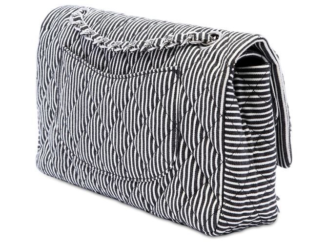 Chanel Black Medium Classic Canvas Sequin Stripes Double Flap Nero - vista 2