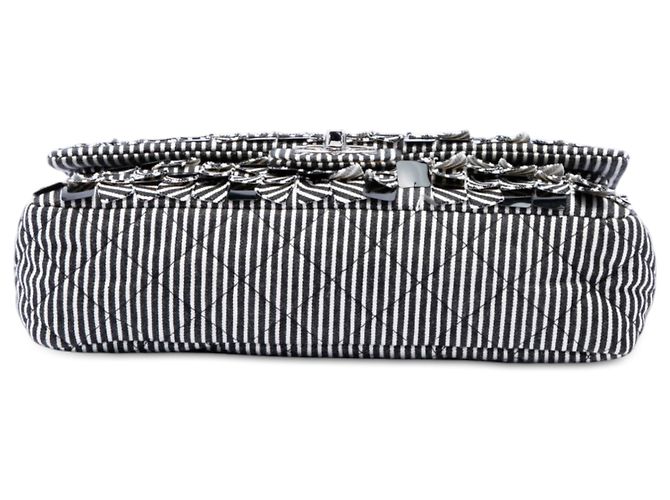 Chanel Black Medium Classic Canvas Sequin Stripes Double Flap Nero - vista 3