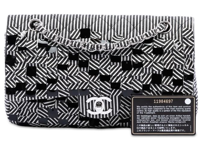 Chanel Black Medium Classic Canvas Sequin Stripes Double Flap Nero - vista 7