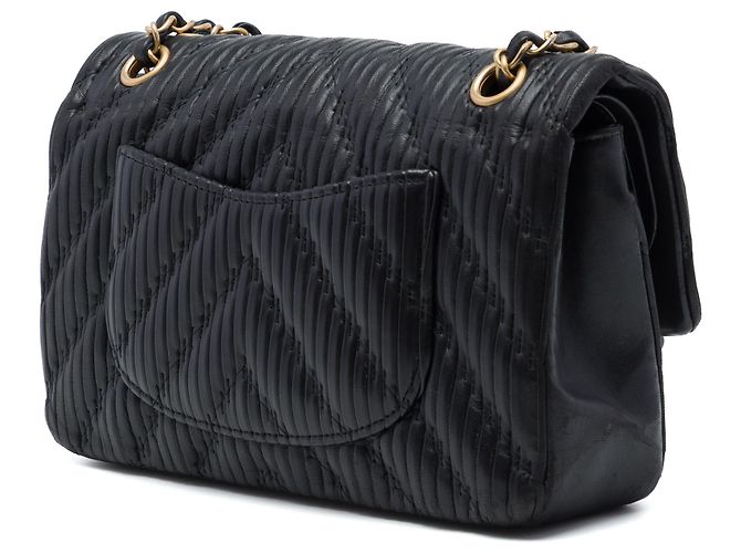 Chanel Black Medium Classic Chevron Calfskin Pleated Double Flap Nero - vista 2