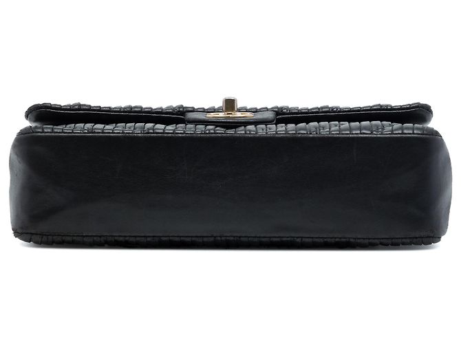 Chanel Black Medium Classic Chevron Calfskin Pleated Double Flap Nero - vista 3