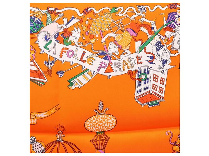 Hermès Foulard Hermes Carre 90 La Folle Parade Multicolore Arancione - vista 6