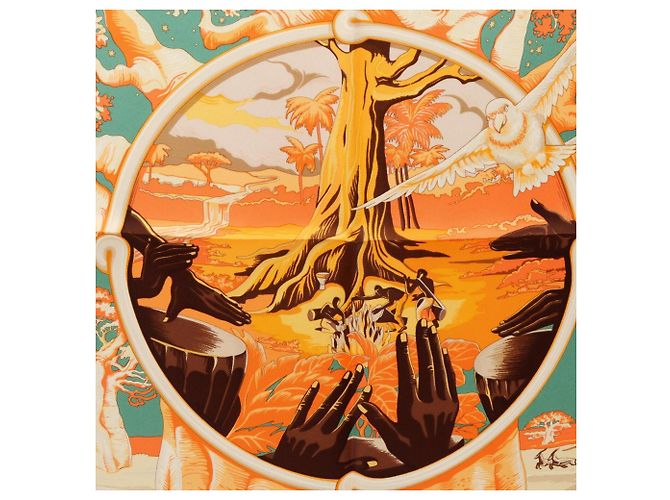 Hermès Foulard Hermes Carre 90 Au son du Tan-tan Multicolore Arancione Crudo - vista 5