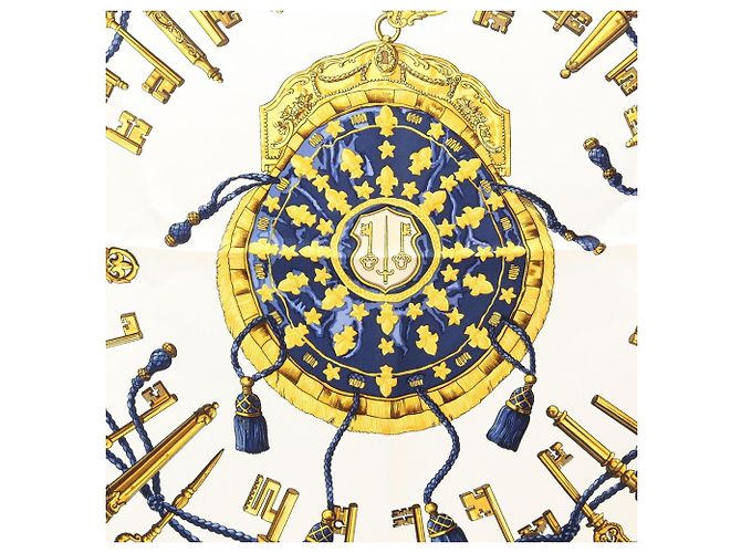Hermès Hermes Carre 90 Les Cles Seidentuch Weiß Gelb Marineblau - Ansicht 4