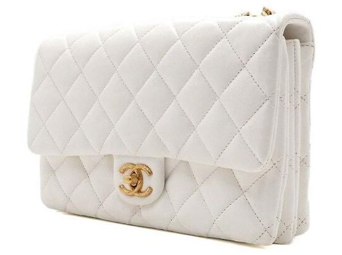 Chanel Borsa a tracolla Medium in pelle d'agnello bianca con patta CC e chiusura girevole, catena dorata Bianco - vista 3