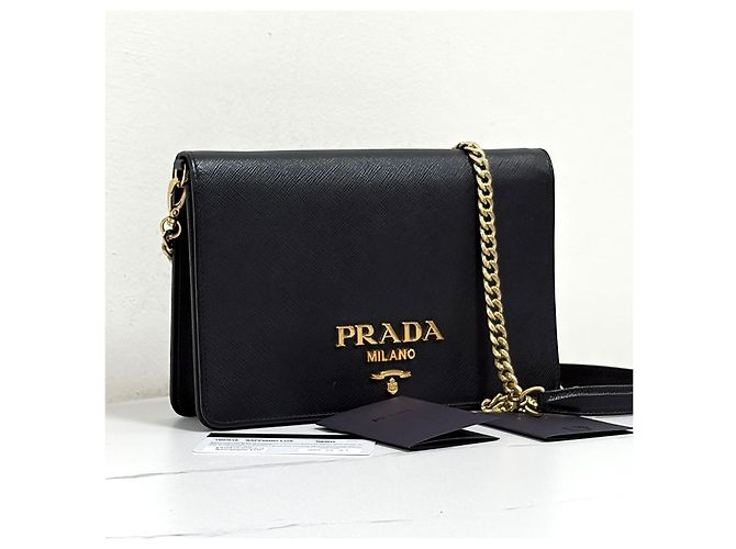 Prada Borsa a tracolla Saffiano Logo Chain Nera Nero - vista 3