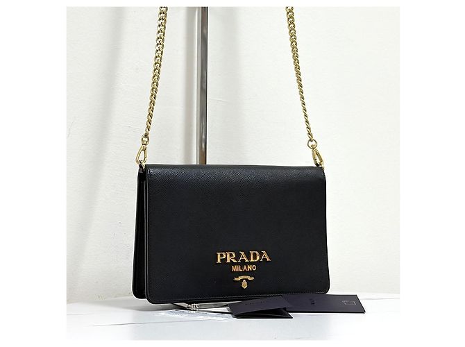 Prada Borsa a tracolla Saffiano Logo Chain Nera Nero - vista 5