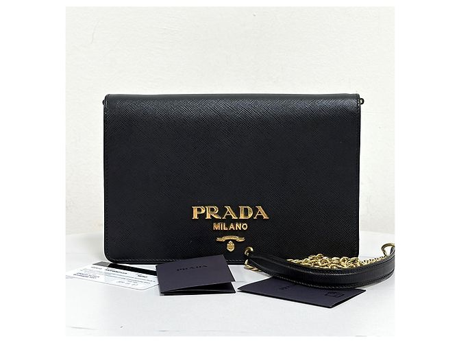 Prada Borsa a tracolla Saffiano Logo Chain Nera Nero - vista 6