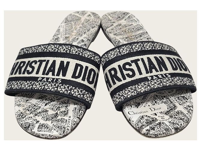 Dior Sandali Mule Dway in cotone ricamato motivo Flan de Paris White Black Bianco - vista 6