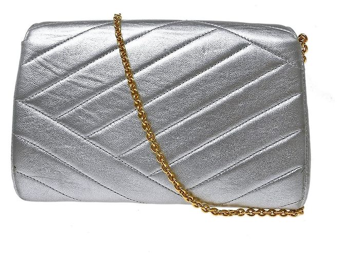 Chanel Vintage Crystal CC Flap Chevron Leather Small Argento - vista 2