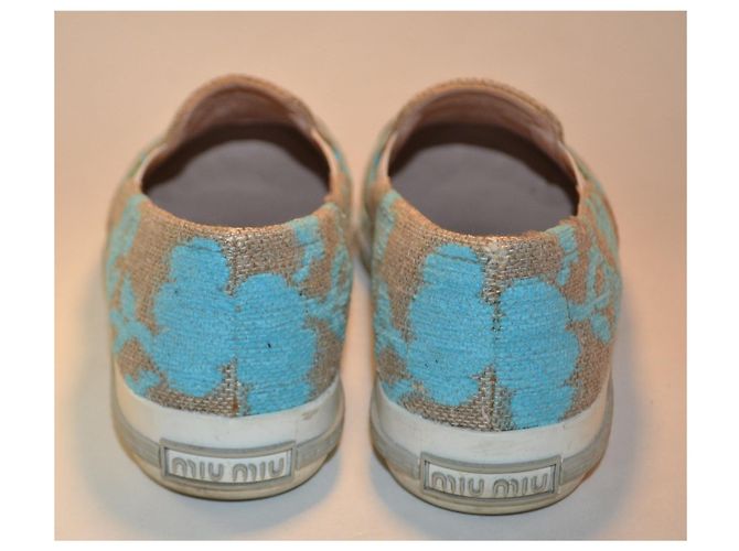 Miu Miu Sneakers in Tela Beige e Azzurro Blu - vista 5