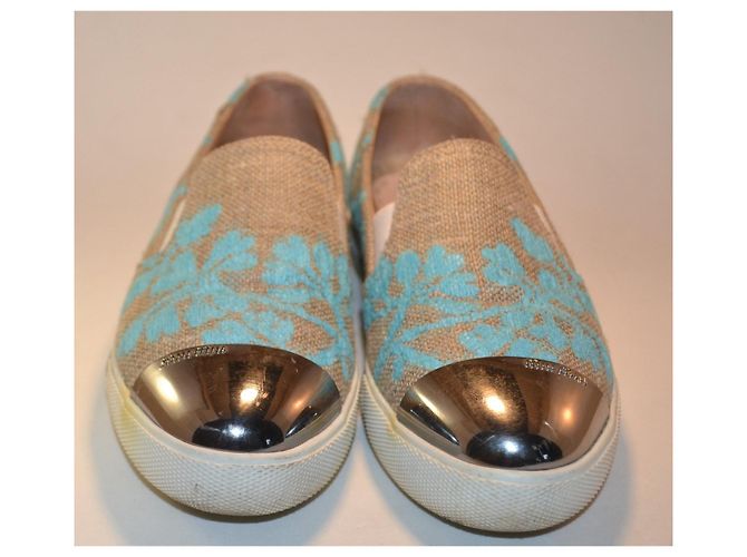 Miu Miu Sneakers in Tela Beige e Azzurro Blu - vista 6