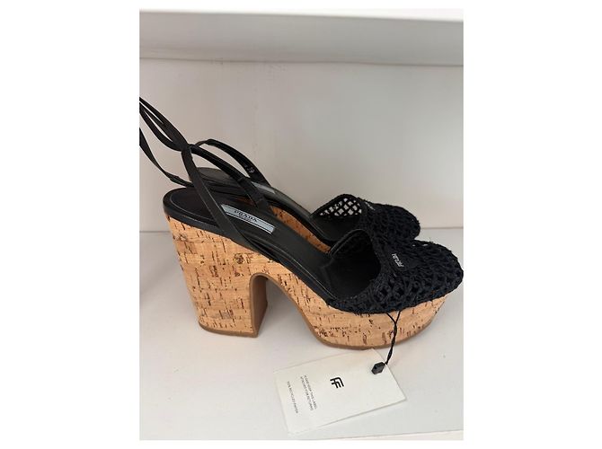 Sandali wedge con platform in crochet neri Prada Nero - vista 4