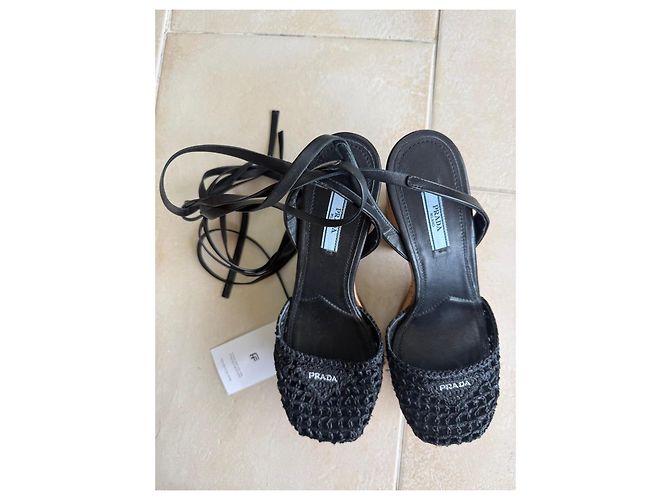 Sandali wedge con platform in crochet neri Prada Nero - vista 8