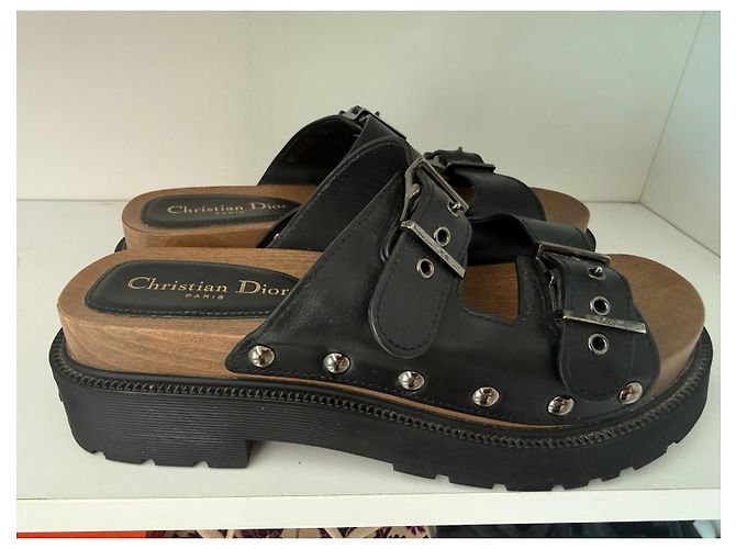 Ciabatte platform in legno e pelle nera Christian Dior Nero - vista 3