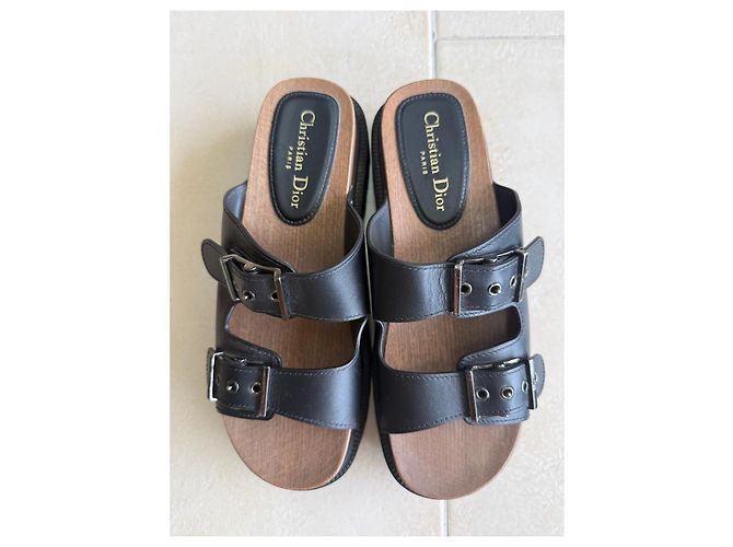 Ciabatte platform in legno e pelle nera Christian Dior Nero - vista 7