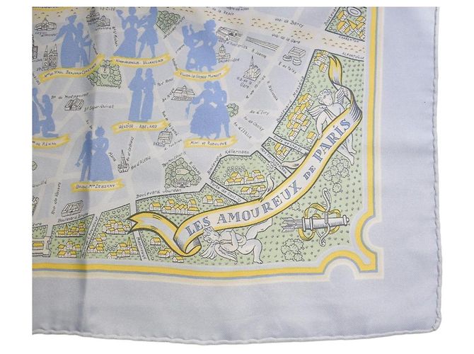 Hermès HERMES Paris Les Amoureux De Paris Gavroche Einstecktuch aus Seidentwill 45cm Blau Beige Gelb Hellblau - Ansicht 6