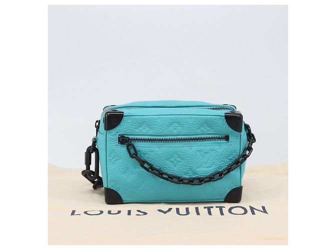 LOUIS VUITTON Mini Soft Trunk cuir Taurillon Blue Black M11673 Auth 199184SAM Noir Turquoise - vue 12