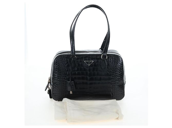 Borsa a mano PRADA in pelle goffrata Nero Argento Auth yk20763SAM - vista 12