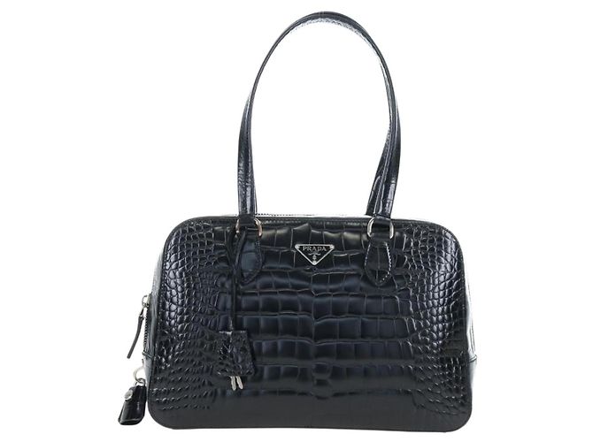 Borsa a mano PRADA in pelle goffrata Nero Argento Auth yk20763SAM - vista 13