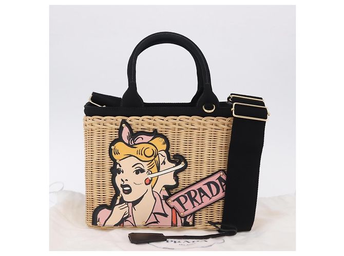 PRADA Wicker Canapa Hand Bag Rattan 2way Beige Gold 1BG835 Auth 198609SAM Golden - view 12