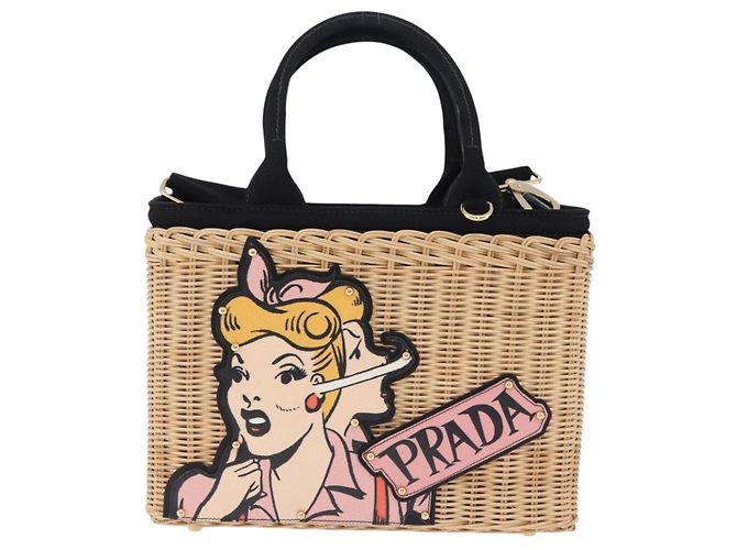 PRADA Wicker Canapa Hand Bag Rattan 2way Beige Gold 1BG835 Auth 198609SAM Golden - view 13