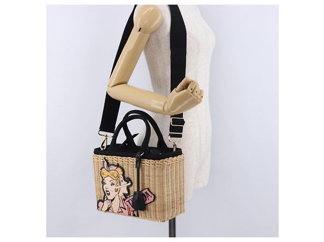 PRADA Wicker Canapa Hand Bag Rattan 2way Beige Gold 1BG835 Auth 198609SAM Golden - view 28