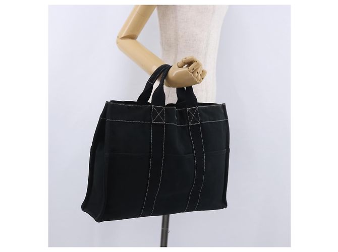 Hermès Borsa HERMES Fourre Tout MM in cotone nero argento Auth 199811 - vista 22