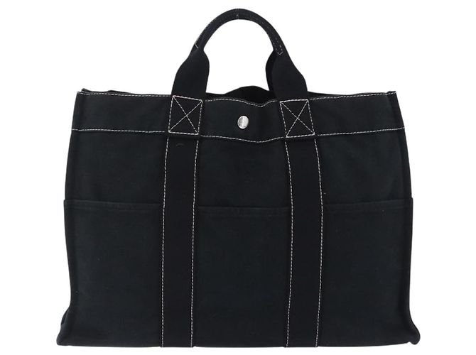 Hermès Borsa HERMES Fourre Tout MM in cotone nero argento Auth 199811 - vista 3