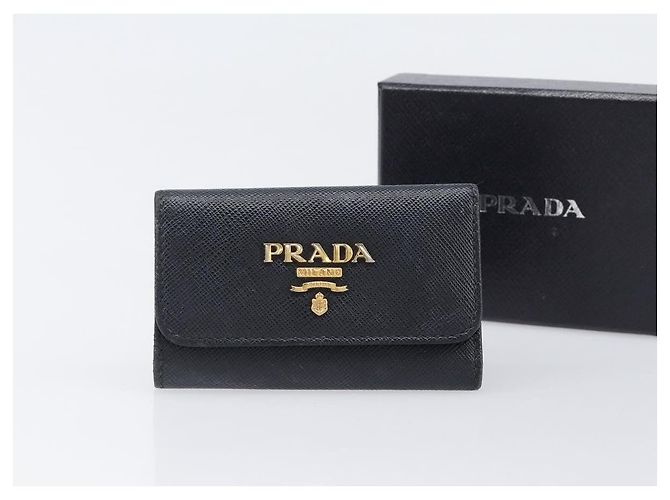 Saffiano PRADA Key Case Safiano Leather Navy Gold Auth bs36879 Golden Navy blue - view 12