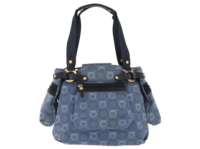 Borsa Tote Salvatore Ferragamo Gancini Canvas Navy Gold Auth 200061A D'oro Blu navy - vista 13