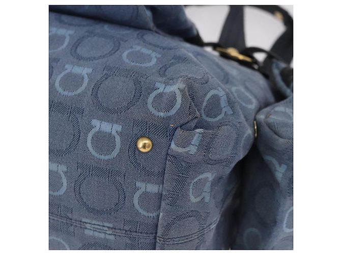 Borsa Tote Salvatore Ferragamo Gancini Canvas Navy Gold Auth 200061A D'oro Blu navy - vista 14