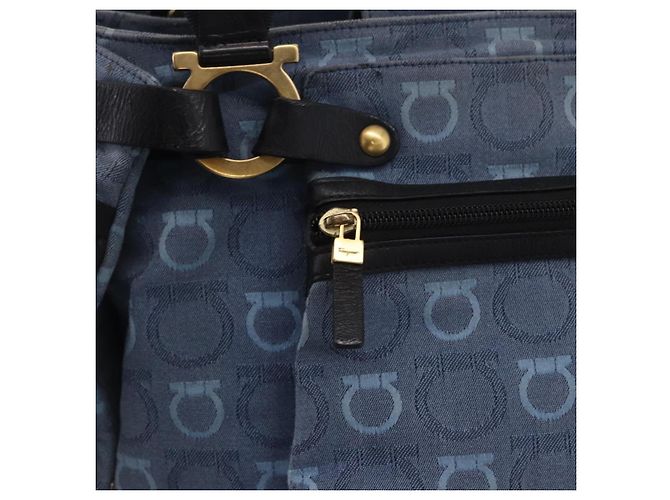 Borsa Tote Salvatore Ferragamo Gancini Canvas Navy Gold Auth 200061A D'oro Blu navy - vista 17