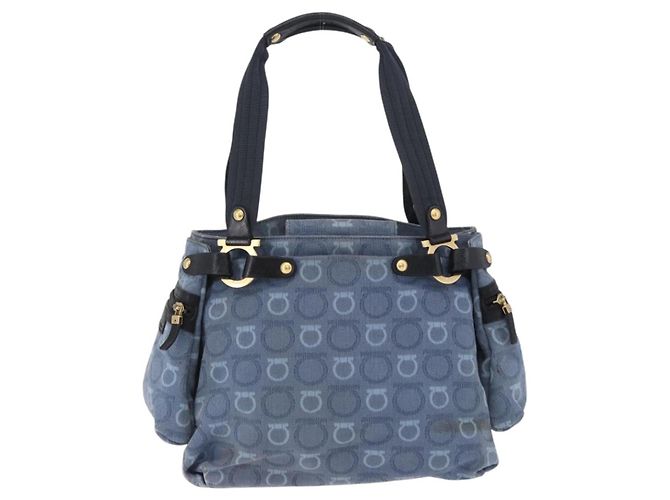 Borsa Tote Salvatore Ferragamo Gancini Canvas Navy Gold Auth 200061A D'oro Blu navy - vista 2