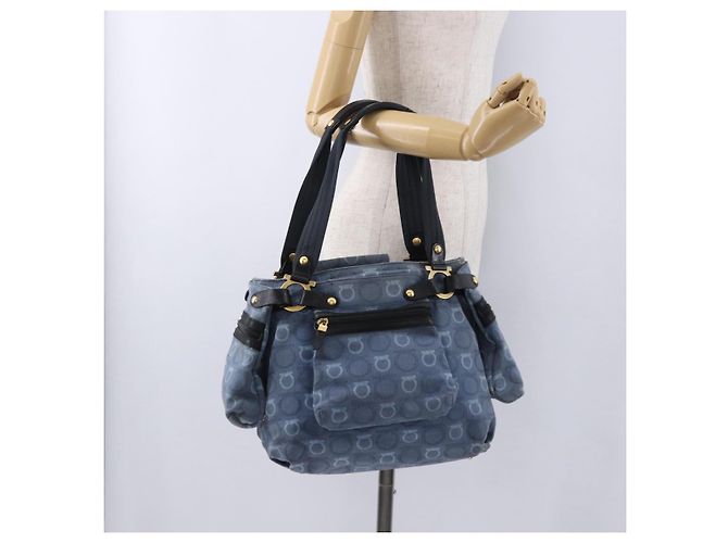 Borsa Tote Salvatore Ferragamo Gancini Canvas Navy Gold Auth 200061A D'oro Blu navy - vista 23