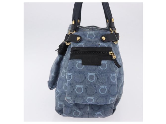 Borsa Tote Salvatore Ferragamo Gancini Canvas Navy Gold Auth 200061A D'oro Blu navy - vista 3