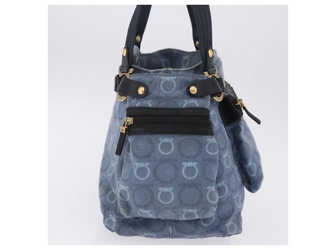 Borsa Tote Salvatore Ferragamo Gancini Canvas Navy Gold Auth 200061A D'oro Blu navy - vista 4