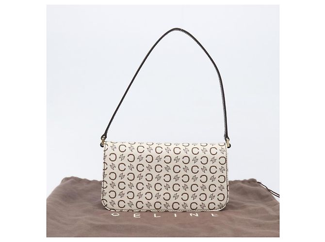 Céline Borsa a tracolla CELINE C Macadam Canvas White Gold Tone Auth 200822V Bianco - vista 12