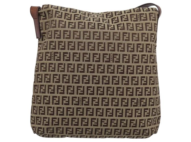 Borsa a tracolla FENDI Zucchino Canvas Mamma Baguette Beige Gold Auth ka5997A - vista 2