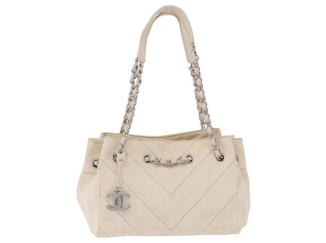 Borsa a catena CHANEL V-Stitch Icon Series Canvas Beige Silver CC Auth 201991A Argento - vista 13