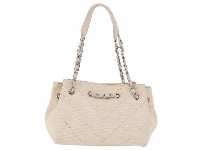 Borsa a catena CHANEL V-Stitch Icon Series Canvas Beige Silver CC Auth 201991A Argento - vista 2