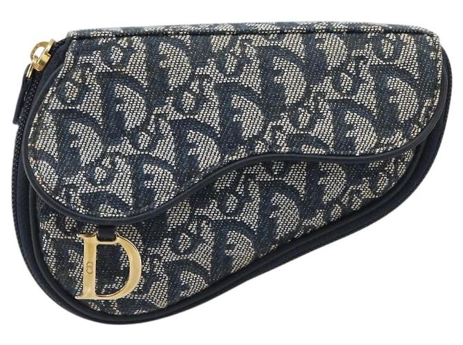 Pouch Saddle Christian Dior Trotter Canvas Navy Gold Auth 199475 D'oro Blu navy - vista 2
