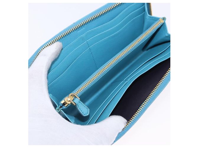 Saffiano PRADA Langbörse aus Safiano-Leder Hellblau Gold Auth 202031V Golden - Ansicht 8