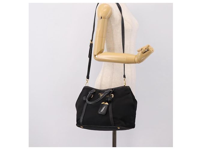 Borsa a Mano PRADA Nylon Pelle 2way Nero Oro Auth 199485A D'oro - vista 24