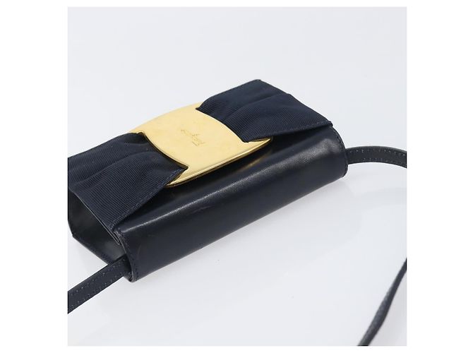 Borsa a tracolla Salvatore Ferragamo Vala Canvas Navy Gold Auth 195283 D'oro Blu navy - vista 6