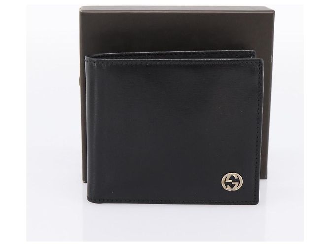 Cartera compacta bifold GUCCI Interlocking G de cuero negro 115219 Auth am12557V Dorado - vista 12