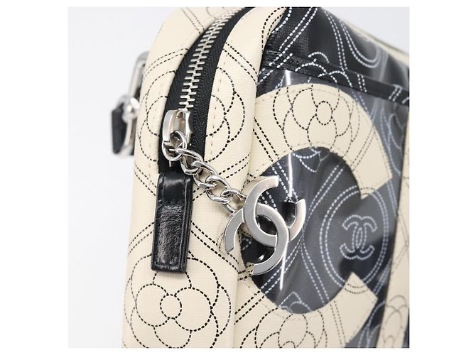 Borsa a tracolla CHANEL COCO Mark Camelia PVC Pelle Nero Bianco CC Auth 200139SAM - vista 8