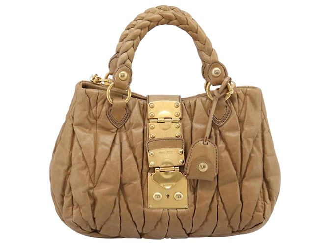 Sac à main Miu Miu Vitellolux Matelassé en cuir 2 voies Marron Ton Or Auth 202111V - vue 13