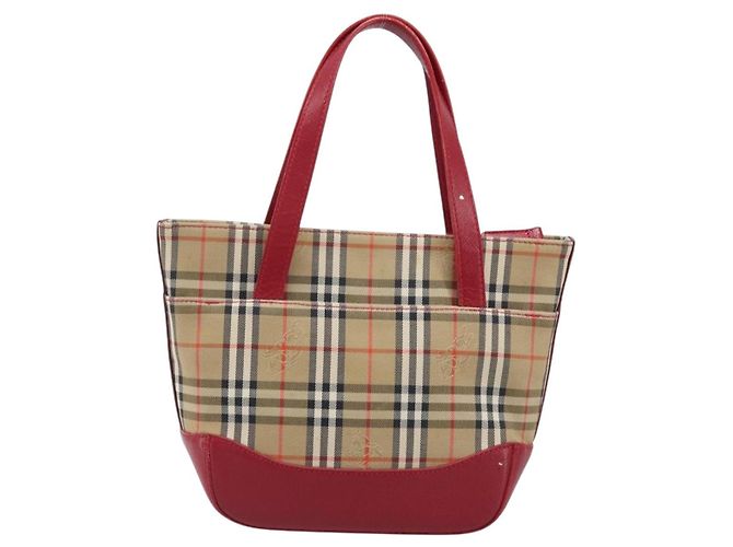 BURBERRY Nova Check Handtasche Canvas Beige Red Auth 199497A Rot - Ansicht 2