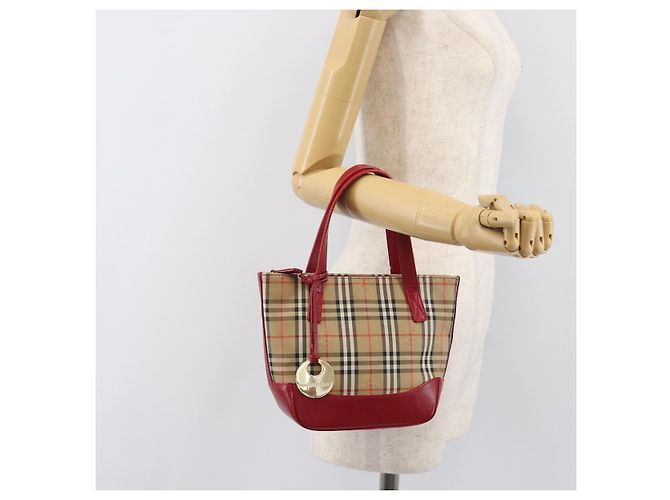 BURBERRY Nova Check Handtasche Canvas Beige Red Auth 199497A Rot - Ansicht 23